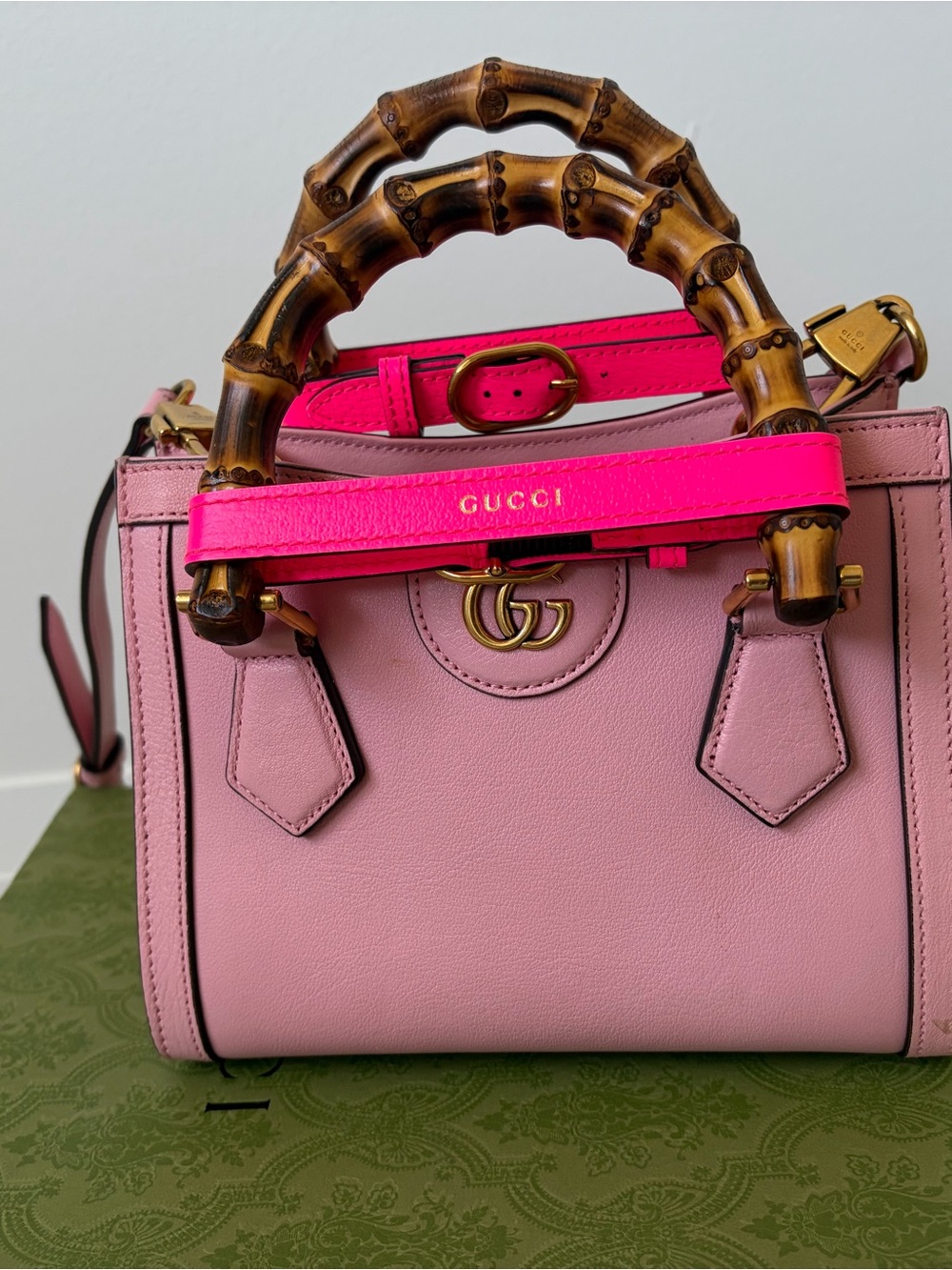 Gucci Pink Leather Mini Top-Handle Bag with Bamboo Handles and Neon Pink Strap - Picture 2 of 10